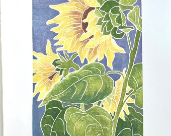 Sunflowers Woodblock Print,Original Art White Line Blockprint,Colorful Bright Yellow Floral Artwork,Handprinted Botanical Woodcut Wall Decor