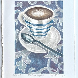 Woodcut Art,Woodblock Print,Coffee Themed Original Wall Art,Espresso Cup Block Print,Hand Printed Artwork, Small Blue White Line Blockprint