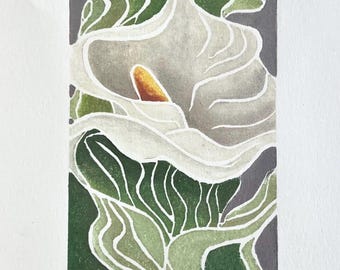 White Line Woodblock Print,Small Woodcut Art,Lily Flower Artwork,Simple Modern Floral Wall Decor,Handmade Original Art Colorful Block Print