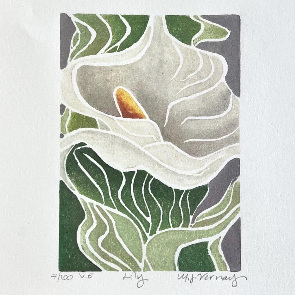 White Line Woodblock Print,Small Woodcut Art,Lily Flower Artwork,Simple Modern Floral Wall Decor,Handmade Original Art Colorful Block Print