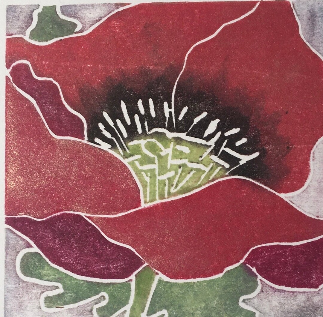 Red Poppy Woodblock Print,wildflower Woodcut Art,handmade Floral Wall ...
