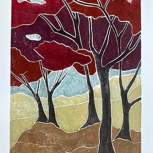 Autumn Trees Woodblock Print, Original Handprinted Art, Handmade White Line Block Print, Fall Colors Landscape Artwork, Woodcut Wall Decor