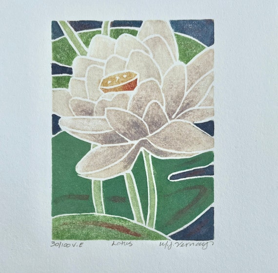 Woodcut Floral Art,White Line Woodblock Print,Lotus Flower Artwork,Colorful Wall Decor,Handmade Gift for Gardener,Original Art Block Print,