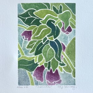 Woodcut Art,Woodblock Print, Cerinthe Flower Wall Art,Small Wall Decor,Handmade Art Gift for Gardener,Original Art Block Print,Floral Art