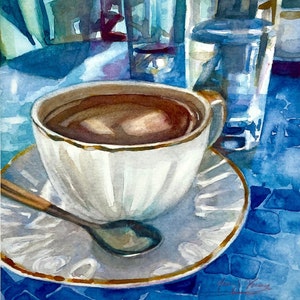 Coffee Artwork, Cafe Watercolor Print, Coffee Themed Art, Cup of Coffee Art Print, Watercolor Gift for Coffee Lover,Blue Watercolor Wall Art