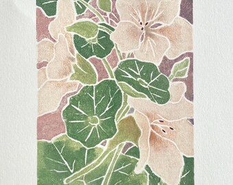 Nasturtium Flower Woodblock Print, White Line Art, Small Floral Decor