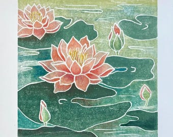 Waterlily Woodblock Print, Small Woodcut Wall Decor, Lily Pond Artwork, Original White Line Blockprint, Salmon Pink Floral Handprinted Art