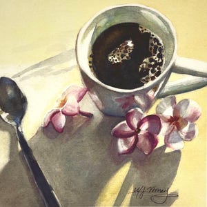 Coffee Watercolor Print, Cup and Saucer Artwork, Cafe Themed Wall Art,Cup of Java Painting, Bright Tropical Square Gicleè Gallery Wall Decor