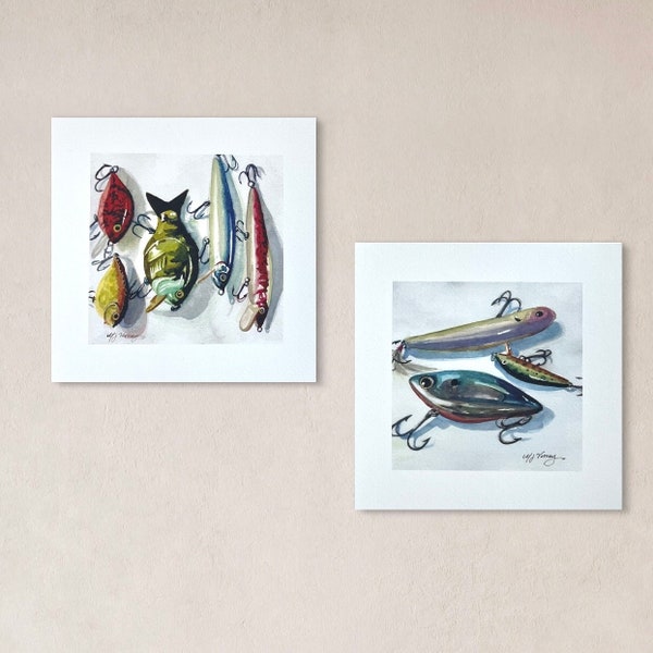 Set of 2 Fishhook Watercolor Unframed Prints, Fishing Wall Artwork Collection, Square Fish Art Decor,Colorful Bass Tackle Bait Paintings