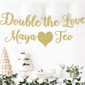 Double The Love Banner, Twins Baby Shower Party Decor,Props, Twins Birthday/Engagement/Wedding Party ,Gold Glitter Paper Sign, Baby Shower