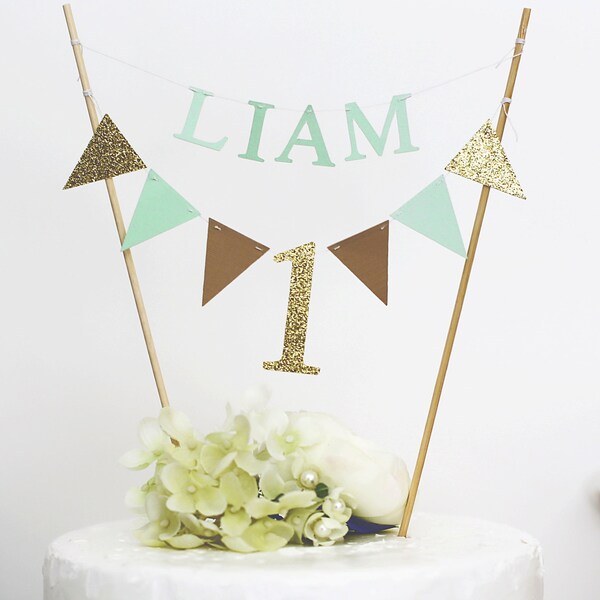 Adorno para primer cumpleaños, Adornos para tartas, Adornos para fiestas de cumpleaños de bebés, Adornos para tartas personalizados, Adornos para tartas personalizados, Tema de menta dorada, Oro, menta