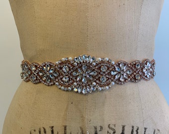 Rose Gold Bridal Belt-Rose Gold Wedding Dress Belt-Bridal Sash-Bridesmaid Belt-Art Deco Rhinestone Beaded Bridal Belt-Rhinestone Applique