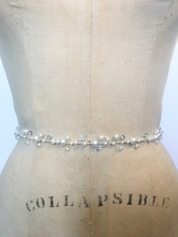 •-, Wedding Bridal Belts Sashes Pearl Rhinestone Bling White Pearl Bridal Belt – Dainty Bespoke Wedding Sash, Silver  main image 4