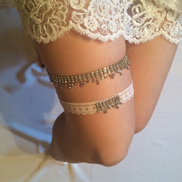 Unique 1920's inspired, beaded fringe rhinestone crystal beaded bridal garter set-vintage rhinestone crystal beaded wedding toss garter set-