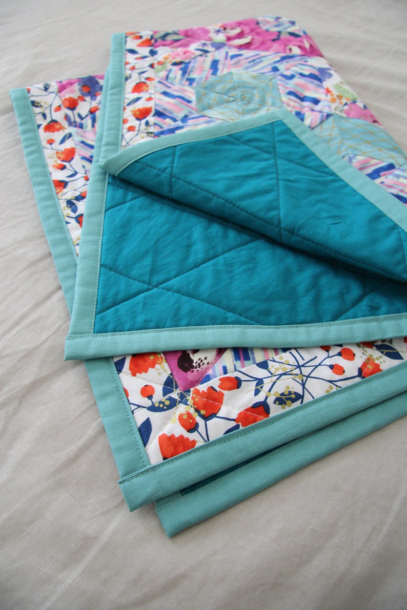 May include: A folded quilt with a floral pattern in pink, red, and blue on a white background. The quilt has a teal backing and teal binding. The quilt is made of soft fabric and is likely for a baby or child.