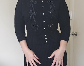 1950s Black Knit Suit Set Pearls and Bows