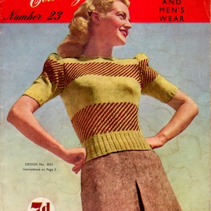 May include: A vintage knitting pattern book cover featuring a woman wearing a yellow and red striped jumper and a brown skirt. The cover is red and white with the text "Woolworth's Knit Book Economy Number 23 Women and Men's Wear" and "Design No. 3051 Instructions on Page 5".
