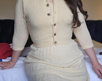1950s Butter Yellow Knit Set Dress and Cardigan