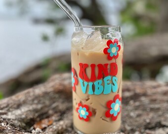 Kind vibes soda can glass - Eco friendly cups - Iced coffee cups - Kindness gifts - Christmas gifts for friends - Iced coffee tumblers