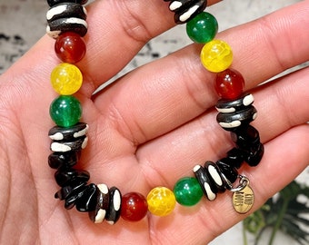 Rasta Crystal stretch bracelet with obsidian, carnelian, agate, bone beads & jade - Obsidian bracelets - Crystal bracelets - Crystal gifts