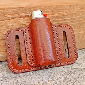 Estuche/funda de cuero/Compatible con encendedor BIC Maxi/Presilla para cinturón/Hecho a mano/Cosido a mano/Único - Nuevo