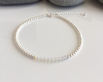 Sterling Silver Beaded Anklet, Moonstone Gemstone Ankle Bracelet, Holiday Jewellery.
