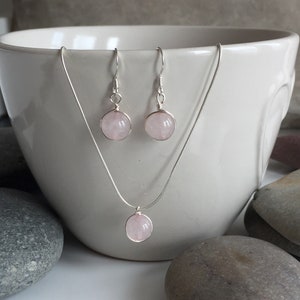 Rose quartz necklace and earring set. Sterling Silver and rose quartz jewellery set. Rose quartz jewellery. Rose quartz necklace. image 6