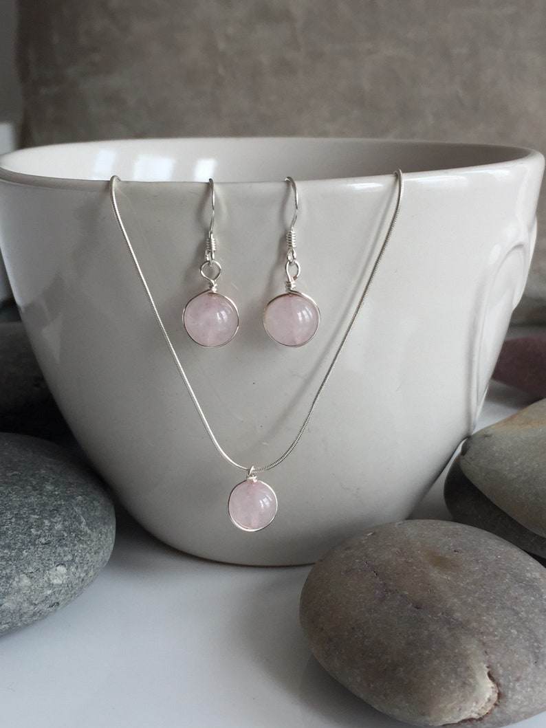 Rose quartz necklace and earring set. Sterling Silver and rose quartz jewellery set. Rose quartz jewellery. Rose quartz necklace. image 6