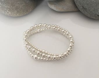 Silver stacking bracelets. Set of 3 beaded bracelets. Sterling silver beaded stretch bracelets. Sterling silver stacking bracelets.