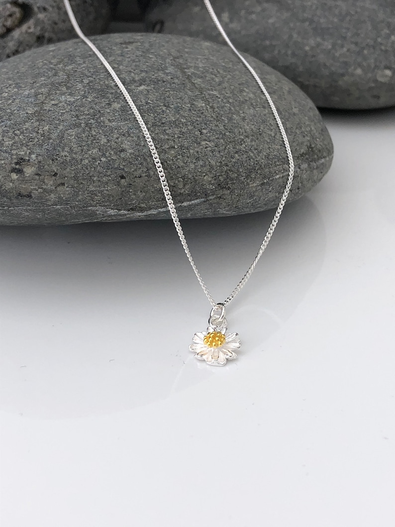 K&ouml;nnte beinhalten: Eine zarte silberne Kettenkette mit einem kleinen, wei&szlig;en G&auml;nsebl&uuml;mchen-Anh&auml;nger. Die Mitte des G&auml;nsebl&uuml;mchens ist mit einem goldenen Kreis verziert.
