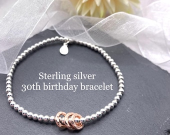 Sterling Silver 30th bracelet. 30th birthday gift. 30th birthday gift for her. 30th jewellery. Silver Stretch bracelet