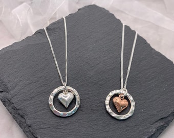 Silver and rose gold heart necklace. Mixed metal heart pendant. Heart Necklace. Valentines gift. Valentines necklace. Mother's Day gift.