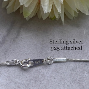 Pu&ograve; includere: Primo piano di una collana a catena d'argento con chiusura a moschettone e punzone 925. Il testo "Sterling silver 925 attached" &egrave; visibile nell'immagine.