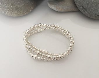 Silver stacking bracelets. Set of 3 beaded bracelets. Sterling silver beaded stretch bracelets. Sterling silver stacking bracelets.