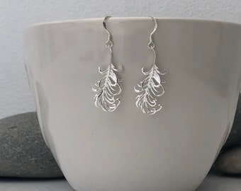 Sterling Silver feather earrings. Feather drop earrings. Silver feather long earrings. Feather jewellery. Mother's Day Gift. Gift For Her