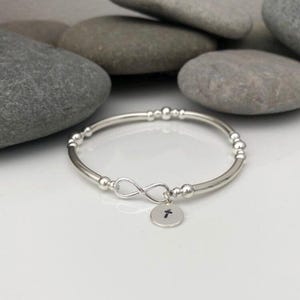 Sterling Silver Infinity Bracelet: Personalized Initial Charm, Beaded Stacking Bangle