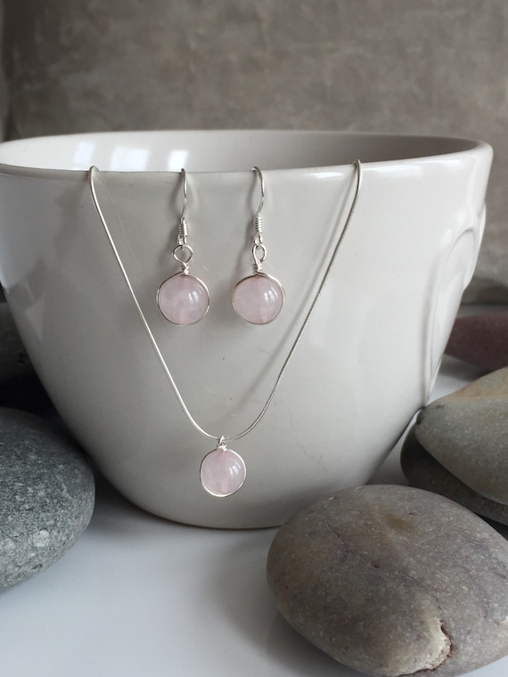 Rose Quartz Necklace and Earring Set. Sterling Silver and Rose