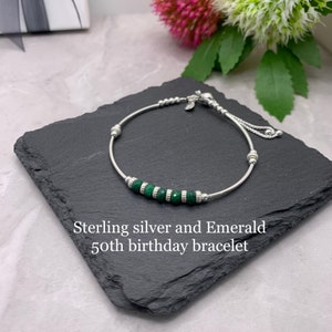 Silver 50th birthday bracelet. 50th birthday gift. 50th birthday.  May Birthstone Bracelet. Emerald Bracelet. 50th gift for her. 50th gift