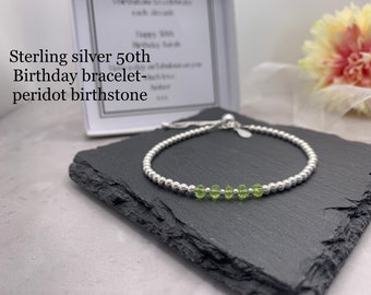 Silver 50th birthday bracelet. 50 birthday gift. 50th gift for women. August Birthstone Bracelet. Peridot bracelet. 50th Bracelet. Peridot.