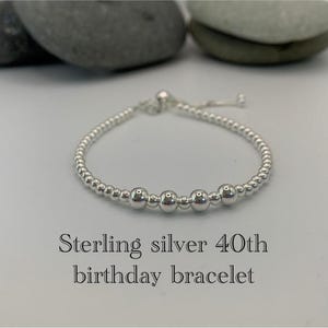 Sterling silver 40th beaded birthday bracelet. Milestone jewellery gift for her