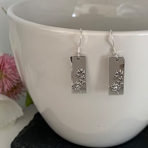 Sterling Silver flower Earrings. Silver dangle earrings. Rectangle drop earrings. Silver Flower Earrings. Dandelion earrings. Gift for her