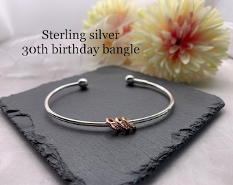 Sterling Silver 30th Birthday Bangle. 3 Rings Bracelet
