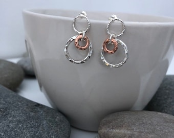 Sterling Silver and rose gold circle earrings. Mixed metal earrings. Circle drop earrings. Rose gold circle earrings