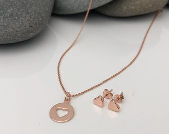 Rose gold Heart Jewellery Set. Rose gold Heart Pendant and Earrings Set. Valentines gift. Gift for her. Heart necklace. Heart earrings