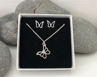 Sterling Silver Butterfly Necklace and Stud Earrings Set