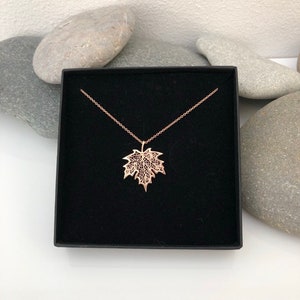 Rose gold maple leaf necklace. Delicate Sterling silver maple leaf pendant. Canadian maple leaf