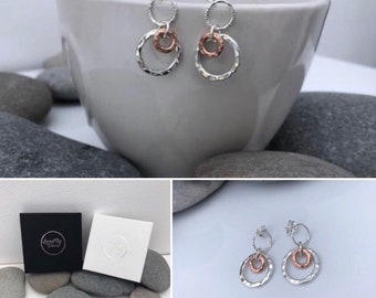 Sterling Silver and rose gold circle earrings. Mixed metal earrings. Circle drop earrings. Rose gold circle earrings