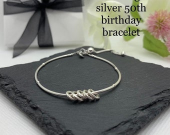 Silver 50th birthday bracelet 50 birthday gift. 50th birthday gift for women. Sterling silver 50th bracelet. 50th gift for her