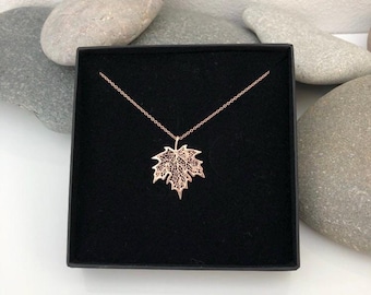 Rose gold maple leaf necklace. Delicate Sterling silver maple leaf pendant. Canadian maple leaf