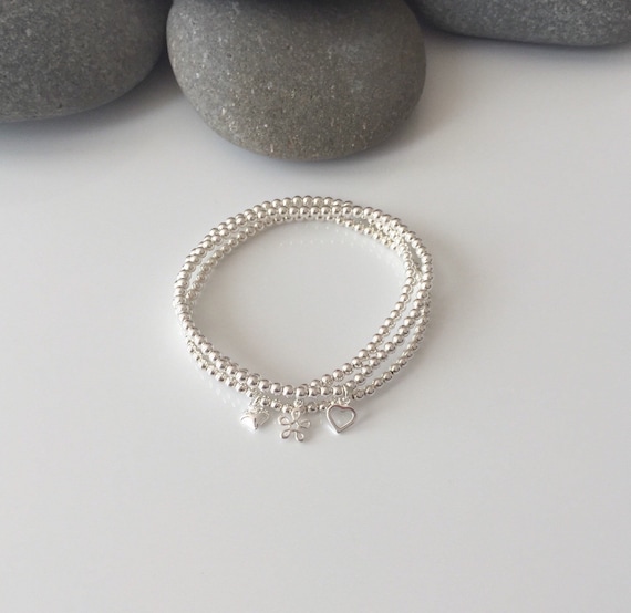 Three Strand Stacked Bead Stretch Bracelet Sterling Silver Three Strand Stacked Bead Stretch Bracelet Sterling Silver